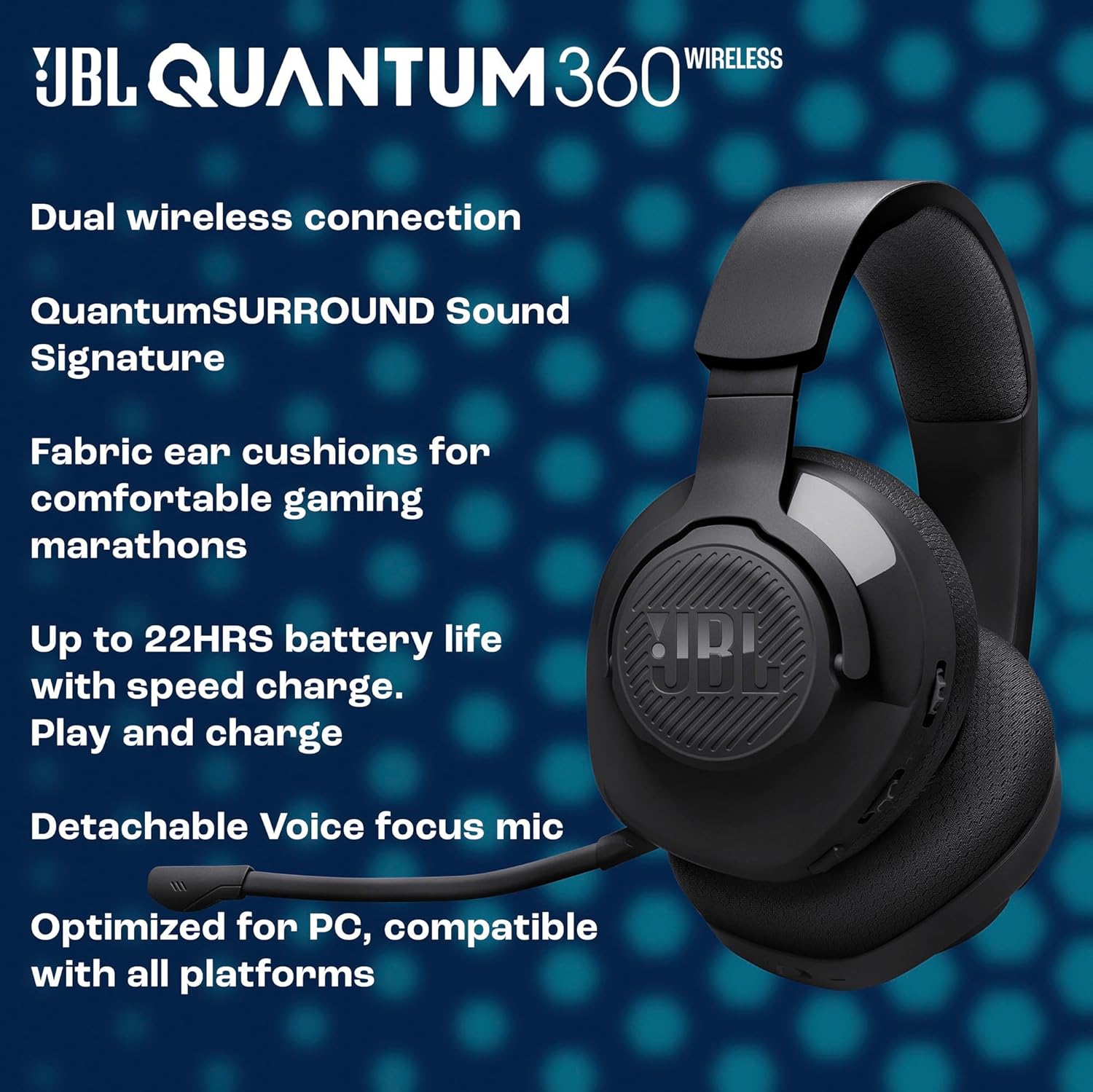 JBL Quantum 360X - Wireless Over-Ear Gaming Headset with Detachable Boom Mic