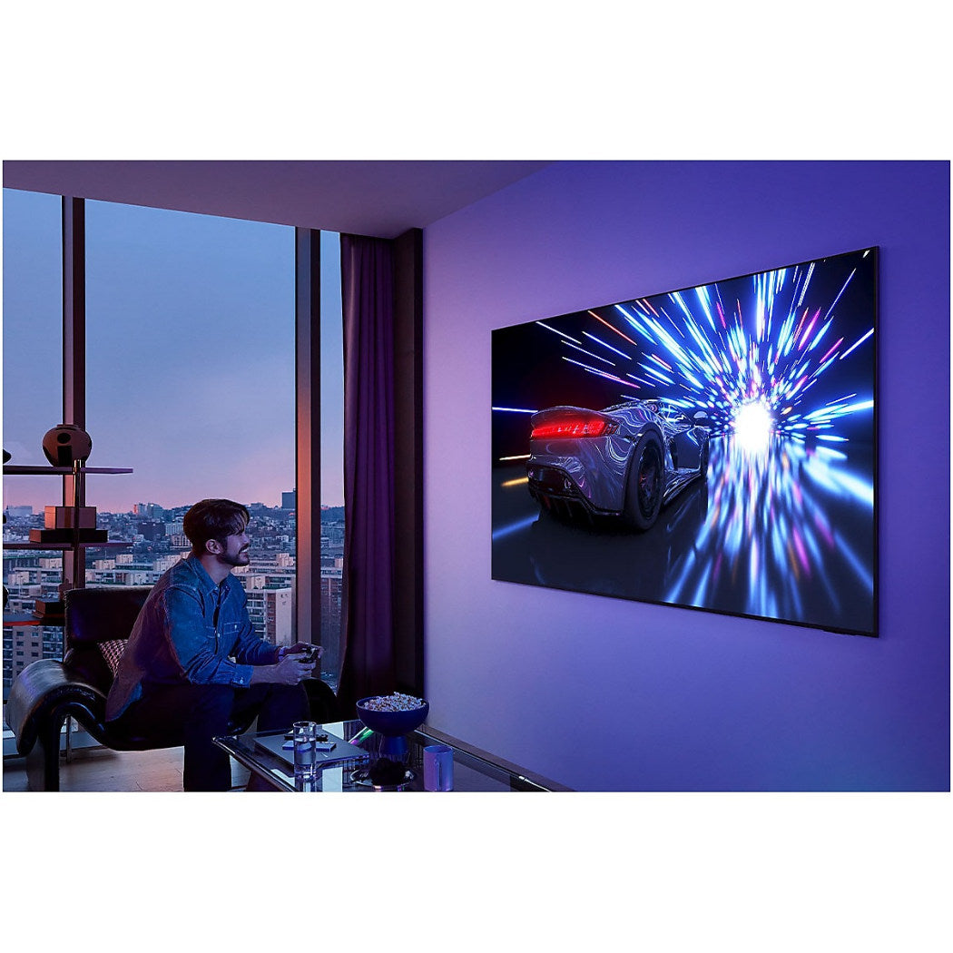 Samsung OLED S95F 4K Vision AI TV lifestyle mounted on wall gaming