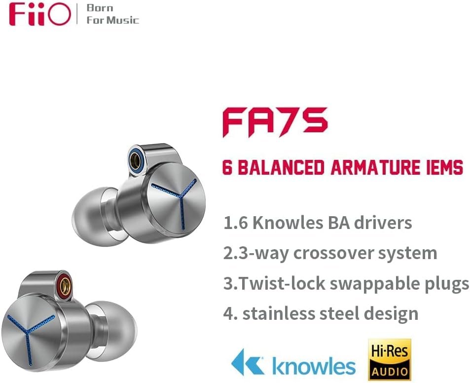 FiiO FA7S 6BA Earphones - High-Res, MMCX, Swappable Plugs, Silver - Used