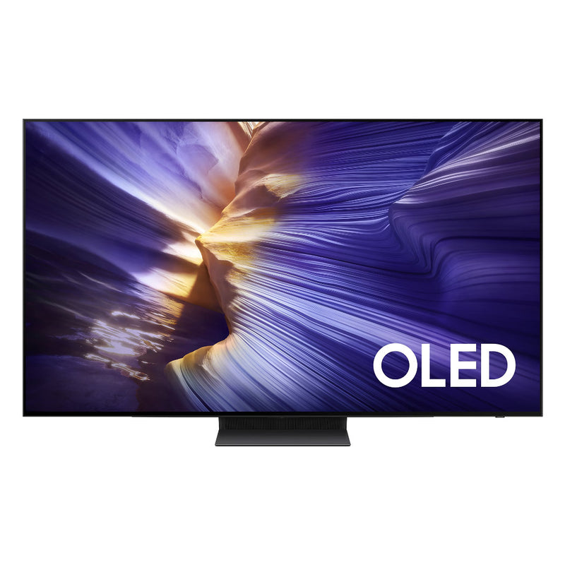 Samsung OLED S90F 4K Vision AI TV front view with stand