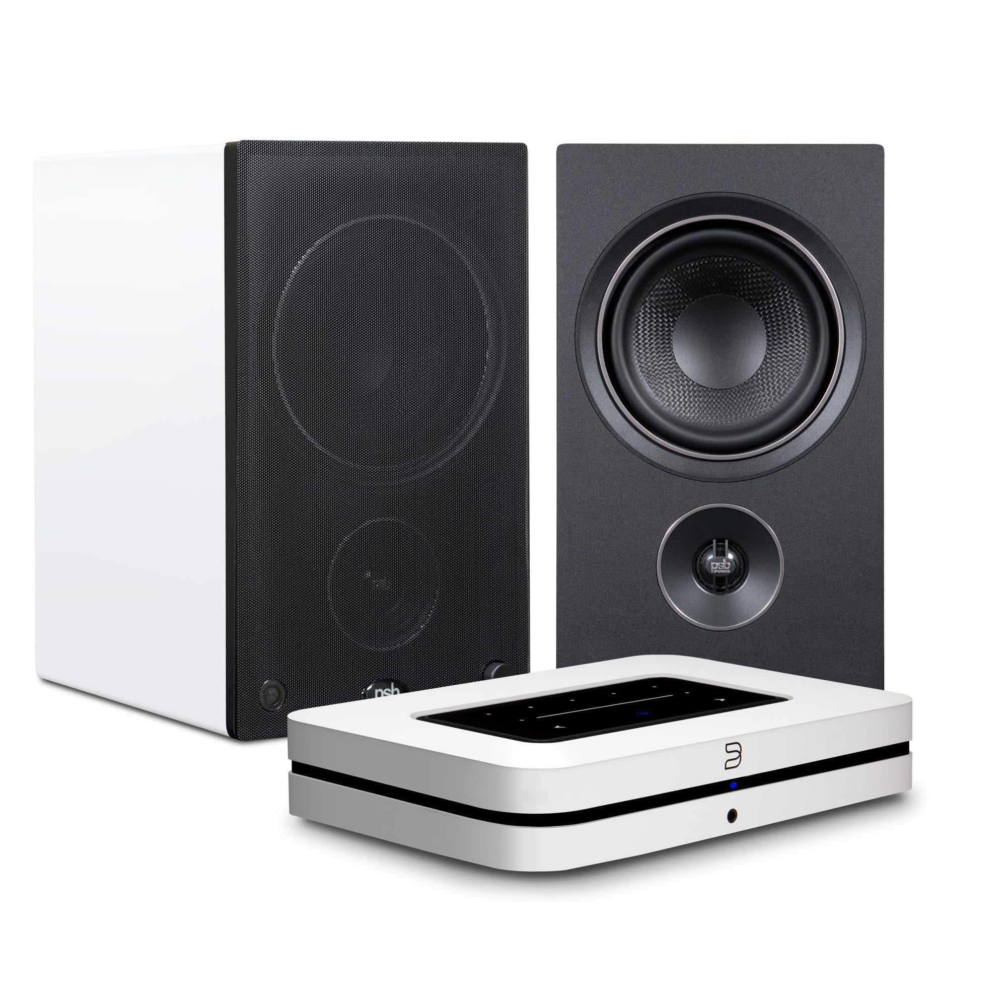 PSB Alpha AM5 Powered Bookshelf Speakers with Bluesound Node - White
