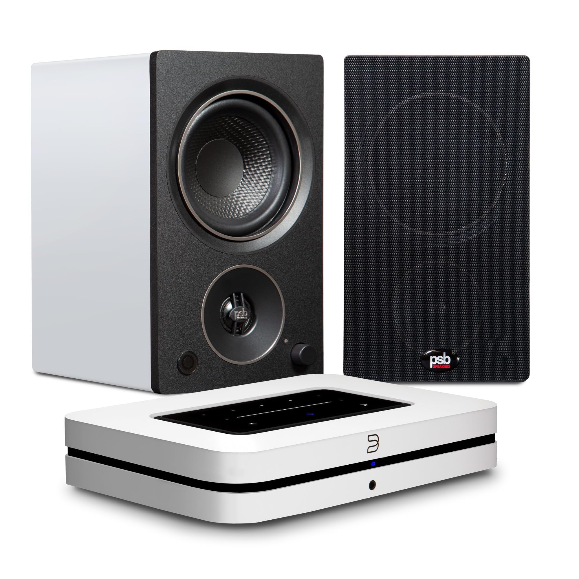 PSB Alpha AM3 Powered Bookshelf Speakers with Bluesound Node - White